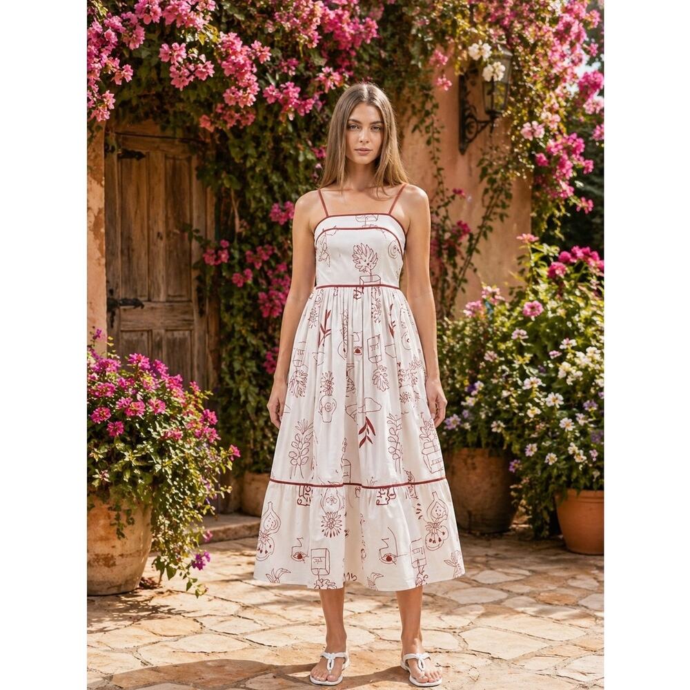 Moon River Palm Print Midi Dress in Red/White